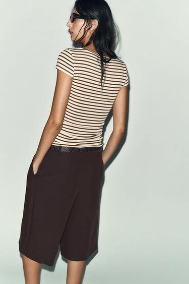 STRIPED SHORT SLEEVE T-SHIRT - Ecru / Brown by Zara - Image 5