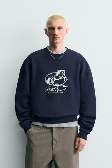 MOLETOM GOLA REDONDA COM ESTAMPA DE CAVALO - Azul-marinho da Zara