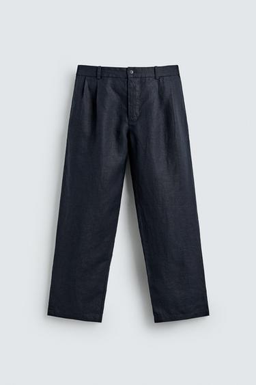 WIDE-LEG 100% HEMP PLEATED TROUSERS - Dark navy by Zara
