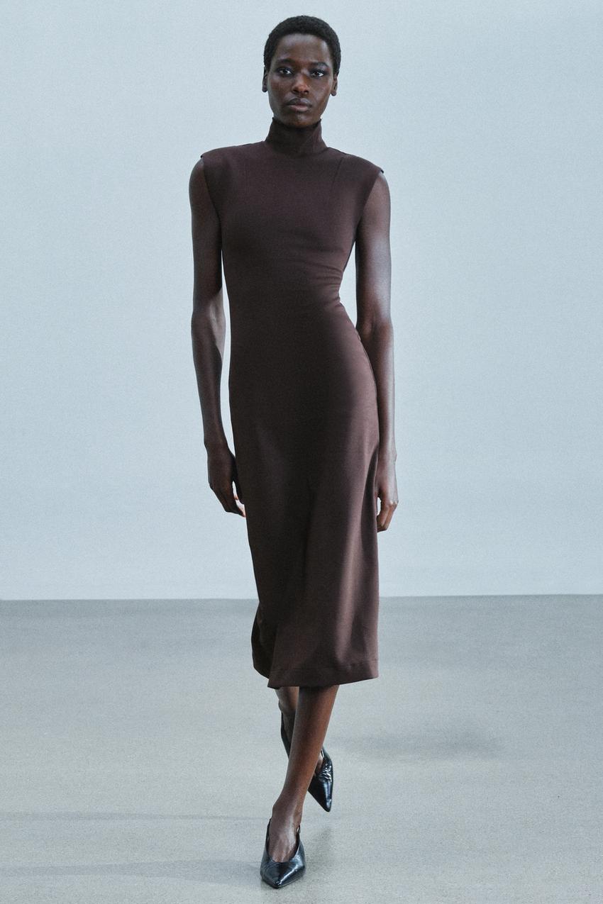 high neck brown midi dress - from shoulder to hem evening-dress White House Black Market Color:Pink Blue Tie Dye
