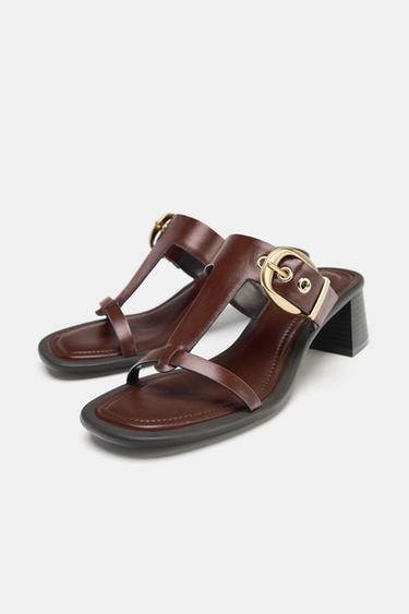 SANDALES EN CUIR À TALONS LARGES - Marron de Zara - Image 3