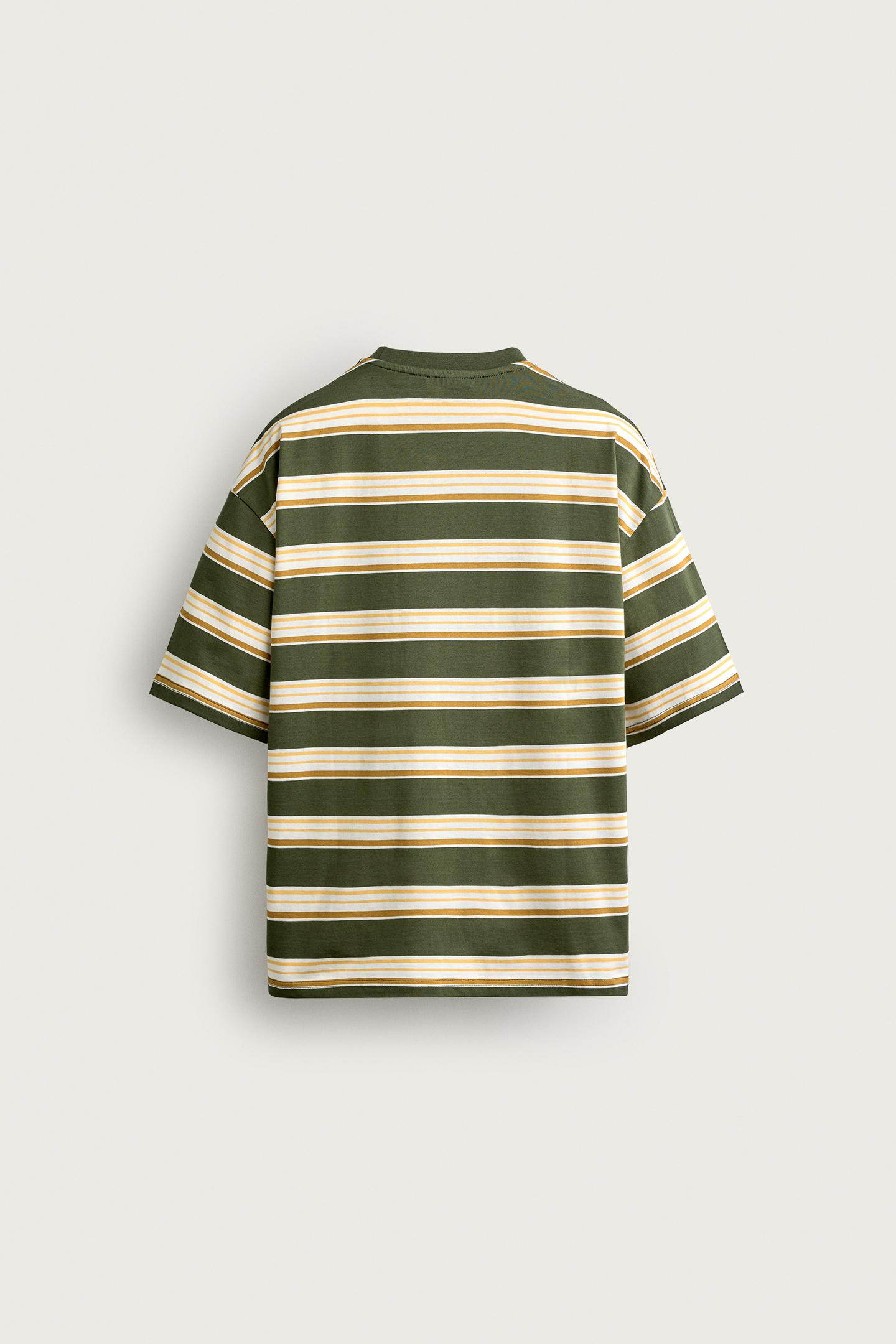 Мужская футболка Zara Relaxed Fit Striped Text, цвет: Зелёный полосатый — фото 7