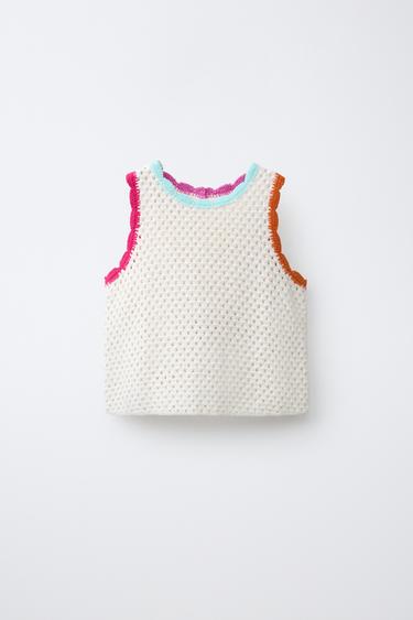 Zara CONTRAST CROCHET KNIT TOP - Ecru