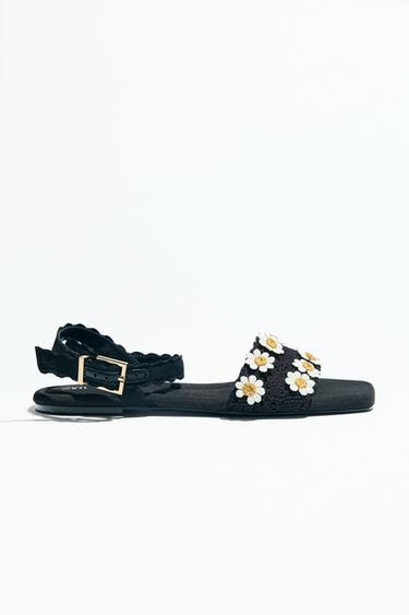 SANDALI CROCHET CON FIORI - Nero di Zara