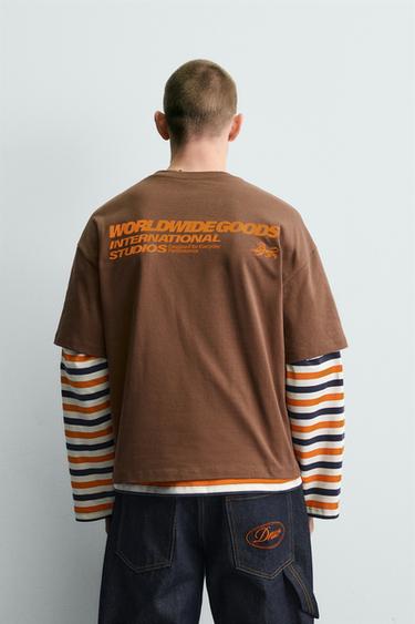 T-SHIRT MET TEKSTPRINT EN CONTRAST - Bruin van Zara