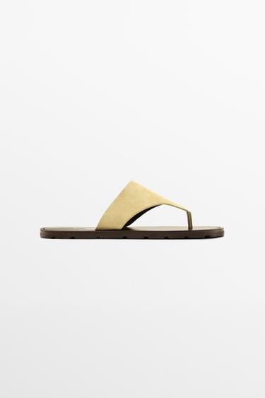 Sandale à orteils en cuir et croûte de cuir - Jaune vanille de Zara