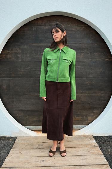 Zara FAUX SUEDE CROPPED JACKET - Apple green