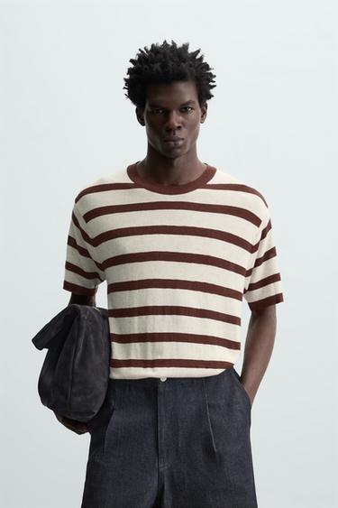 STRIPED JACQUARD KNIT T-SHIRT - Burgundy by Zara