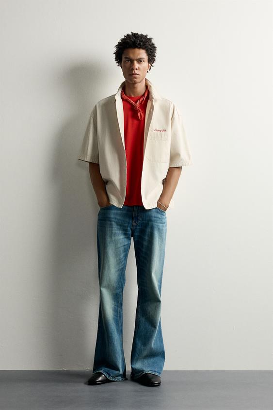 CAMISA CUADROS TEXTO BORDADO - Crudo de Zara - Imagen 0