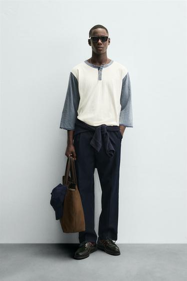 COLOUR BLOCK HENLEY T-SHIRT - Ecru by Zara