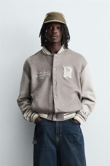 Zara FAUX SUEDE BOMBER JACKET WITH PATCHES - Gray