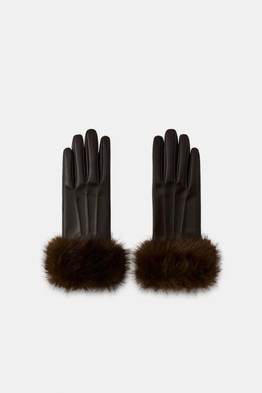 GUANTES EFECTO PIEL COMBINADO PELO - Marrón de Zara