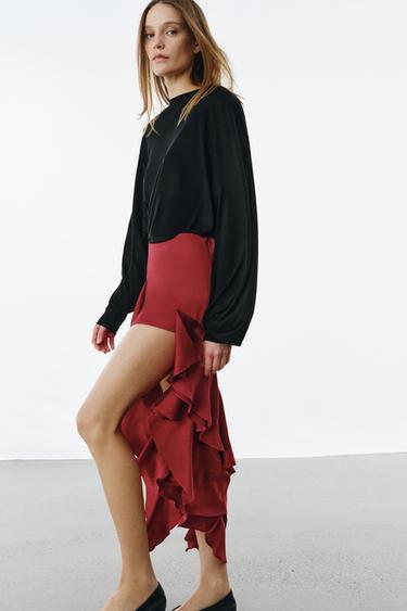 JUPE MIDI À VOLANTS ZW COLLECTION - Rouge de Zara - Image 6