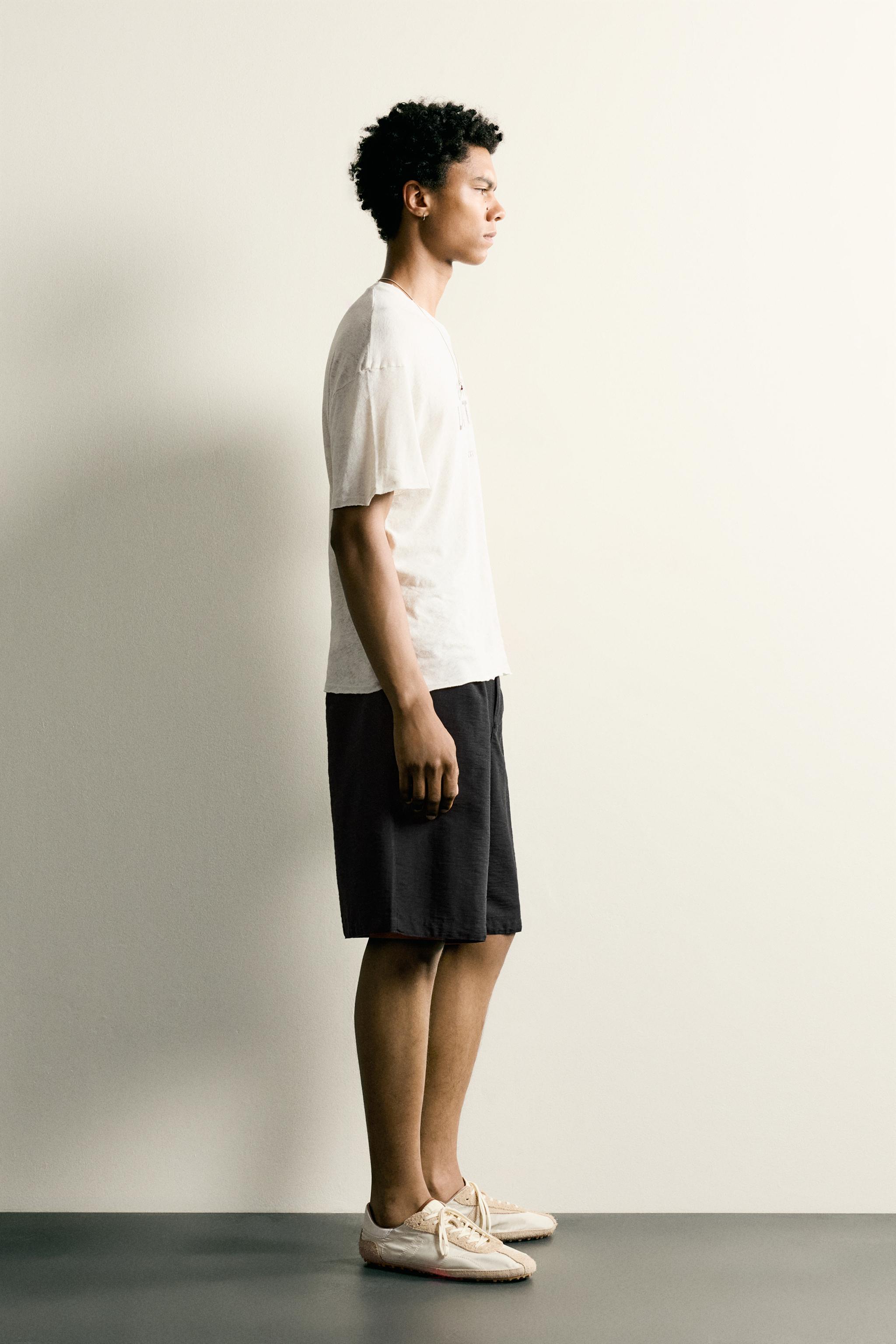 WASHED COTTON-LINEN T-SHIRT WITH TEXT