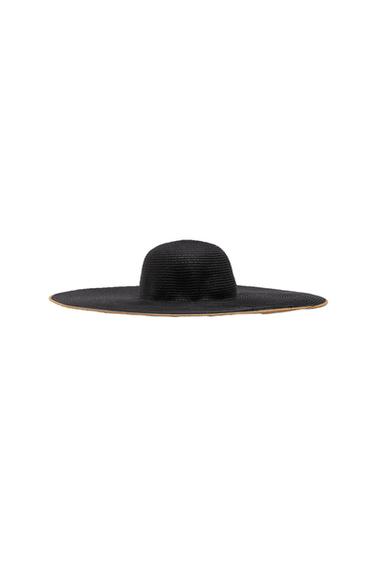 Black wide-brimmed hat with a light-coloured edge, centred on a white background.