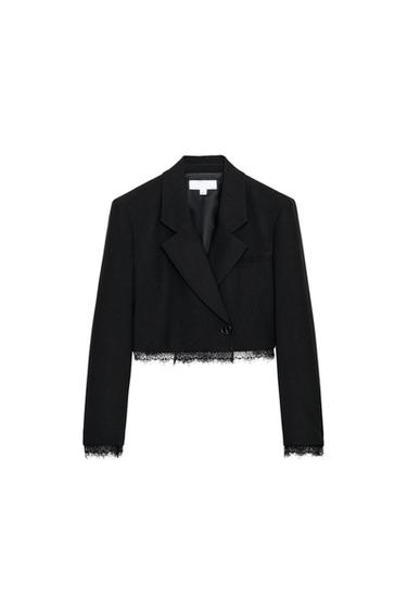 Zara CROPPED LACE TRIM BLAZER - Black