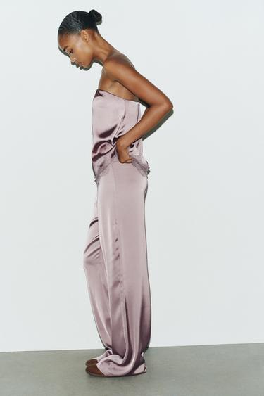 Zara HIGH-WAISTED SATIN PANTS - Brown / Taupe