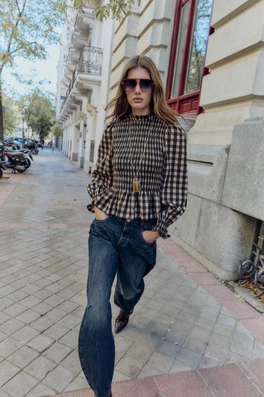 SMOCKED CHECK SHIRT - Brown / Ecru by Zara