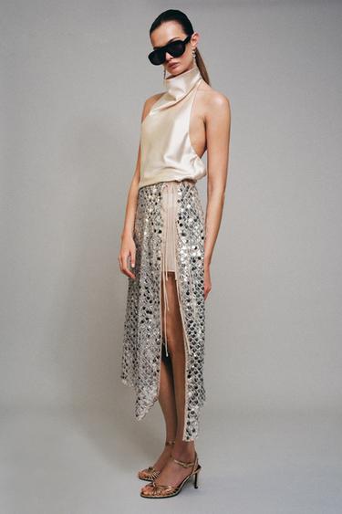 FALDILLA MIDI ASIMÈTRICA DE LLUENTONS - Plata de Zara
