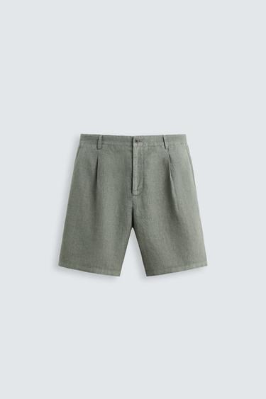 BERMUDA PLIEGUES 100% LINO - Verde de Zara