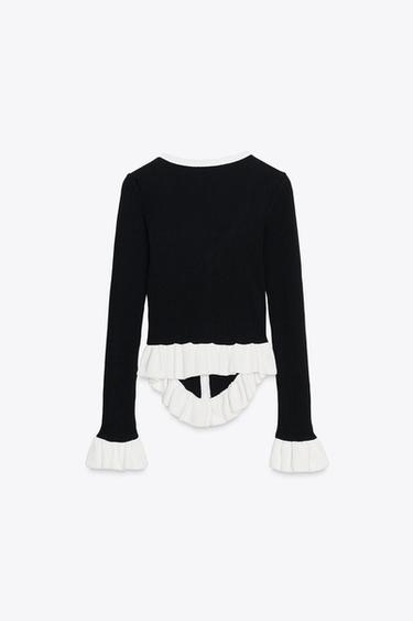 CONTRAST RUFFLE CARDIGAN - Black / White by Zara - Image 5