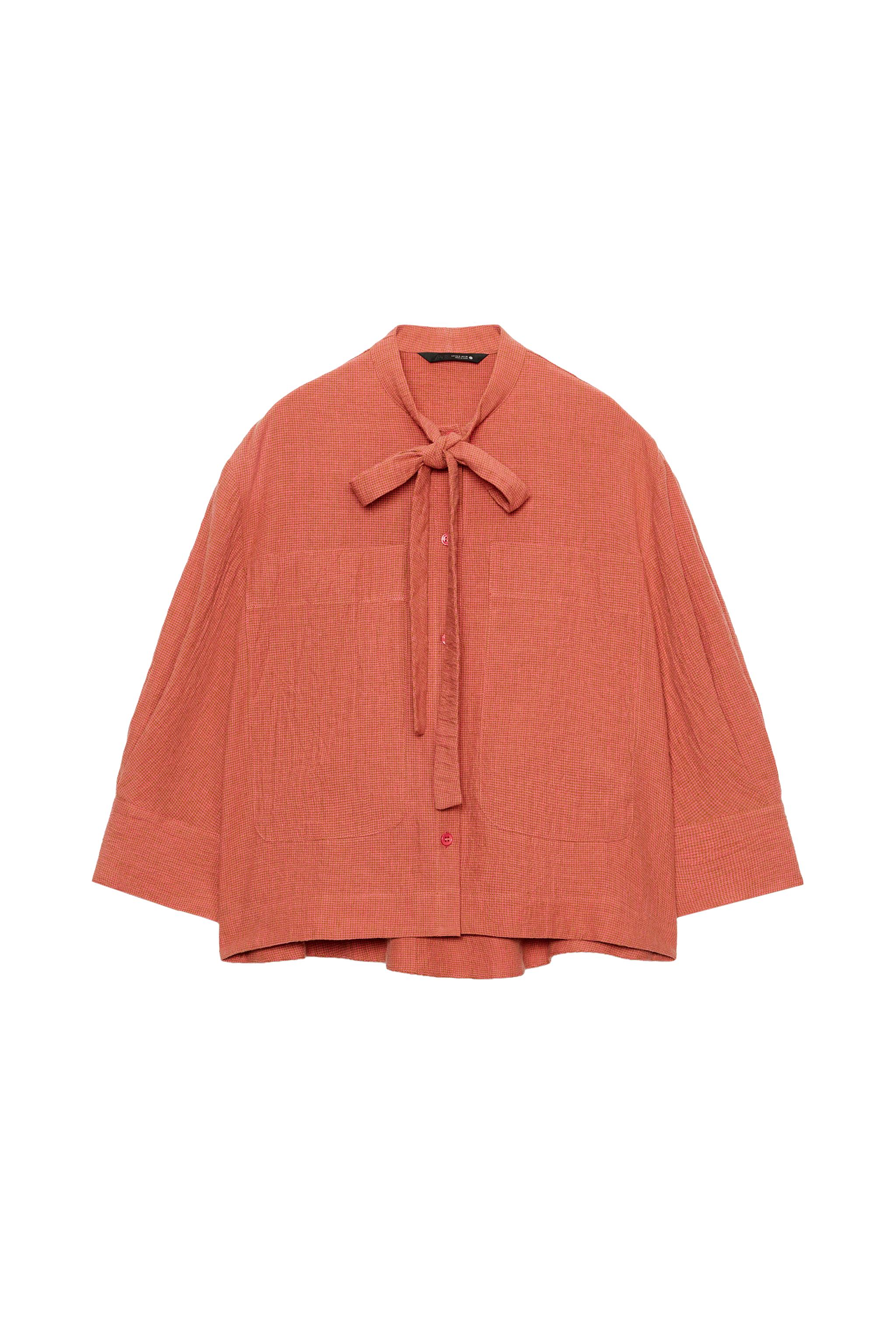 そら　〜4/28 9:30 ZW COLLECTION LINEN-BLEND TIE SHIRT - Burnt orange | ZARA Canada