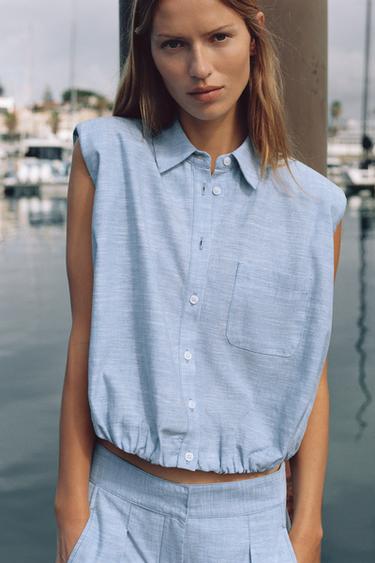 LINEN BLEND PUFF SLEEVE TOP WITH SHOULDER PADS - Light blue by Zara