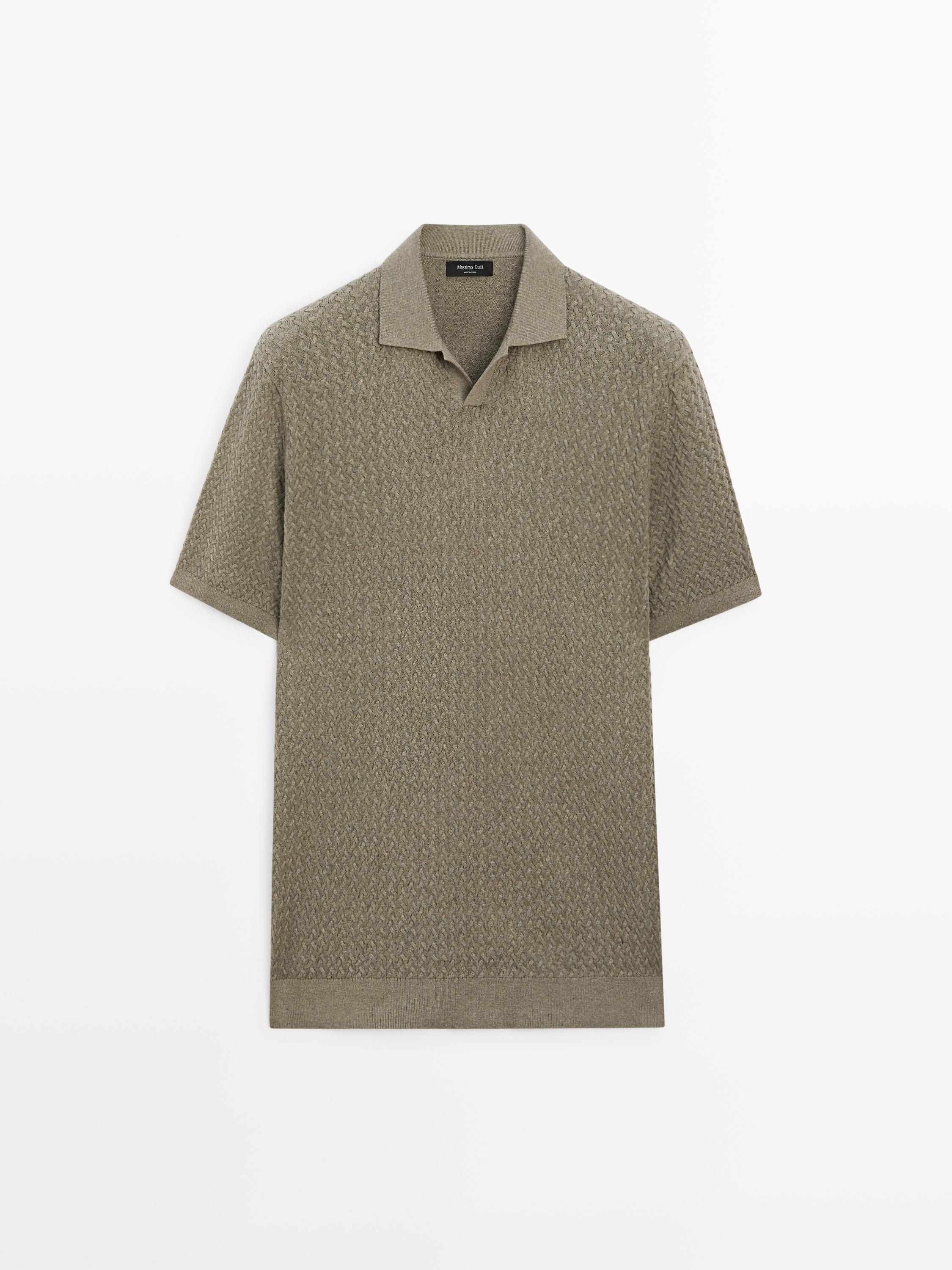 Cable-knit V-neck polo shirt