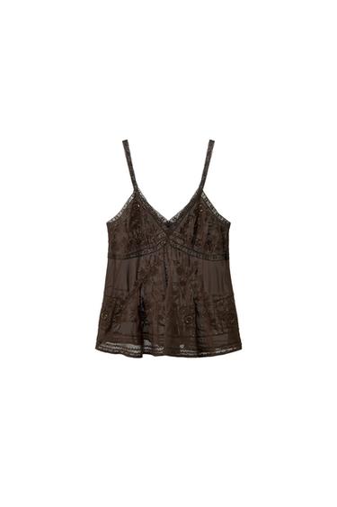 TRÄGERTOP MIT STICKEREI UND SCHMUCKPERLEN - Braun von Zara