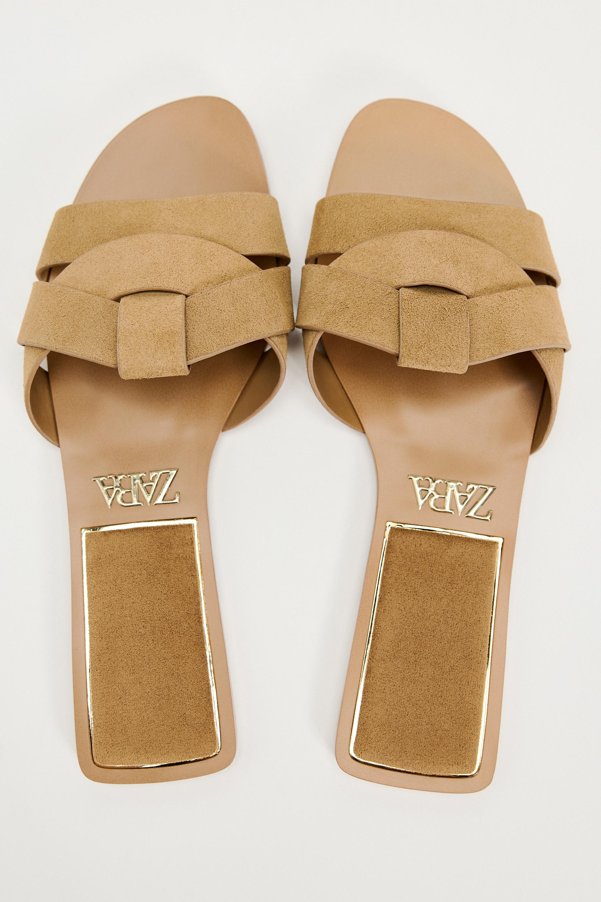 FLAT CROSSED STRAP SUEDE SANDALS - Brown | ZARA United States