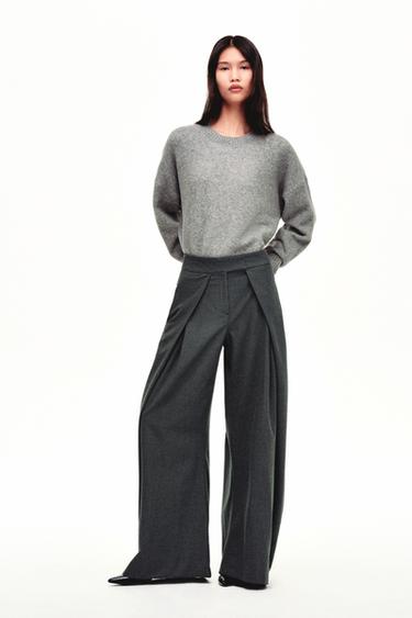 Zara ZW COLLECTION 細條紋寬管打褶長褲 - 中灰色