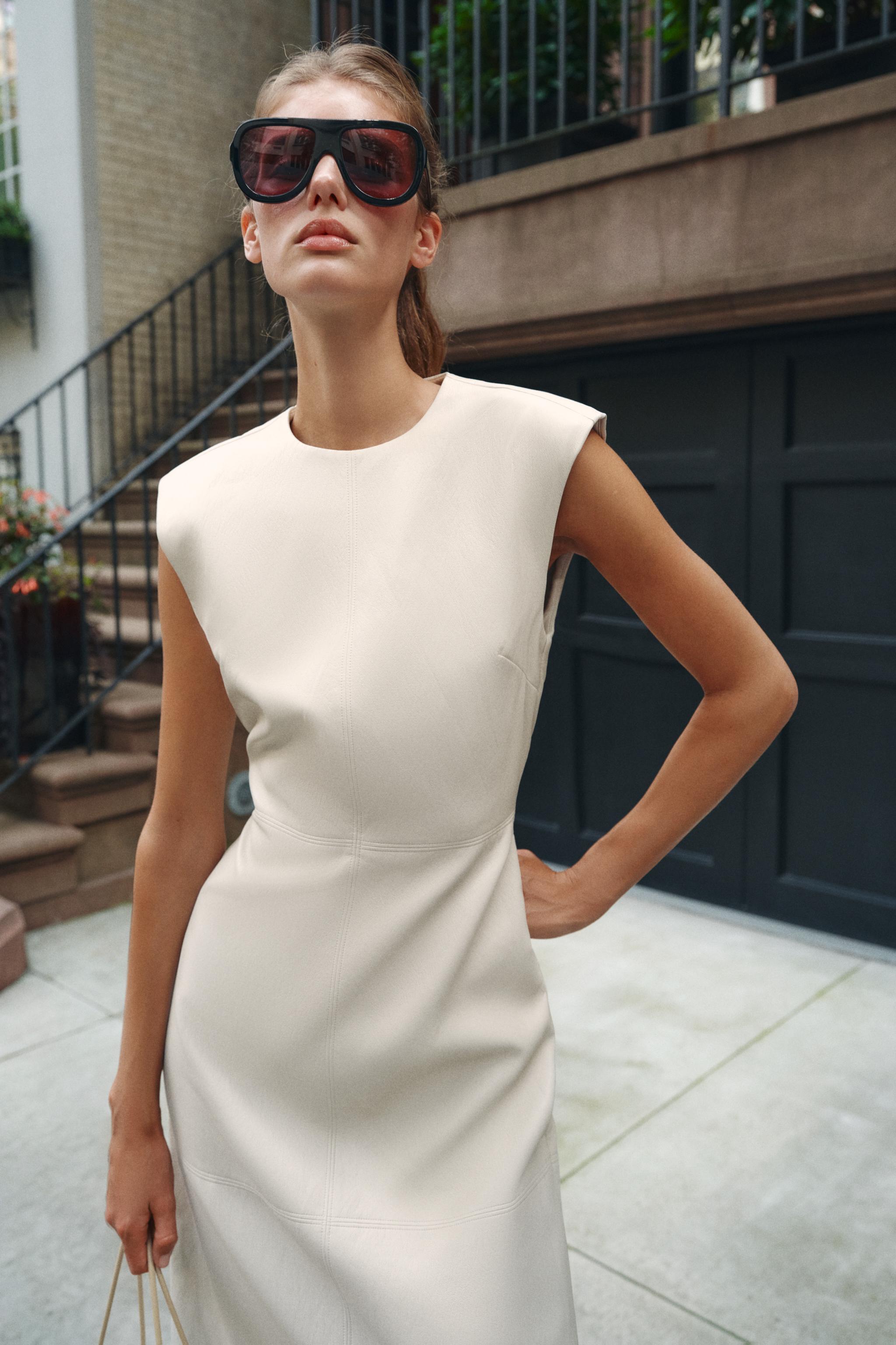 MIDI FAUX LEATHER DRESS WITH SHOULDER PADS