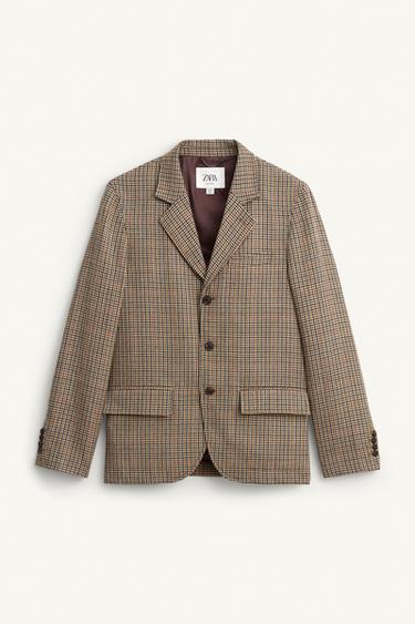 Zara LIMITED EDITION WOOL PLAID SUIT JACKET - Brown