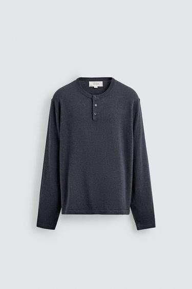 Zaras TRÖJA MED KNAPPSLÅ, LINNE- OCH YLLEBLANDNING - Mörk indigo