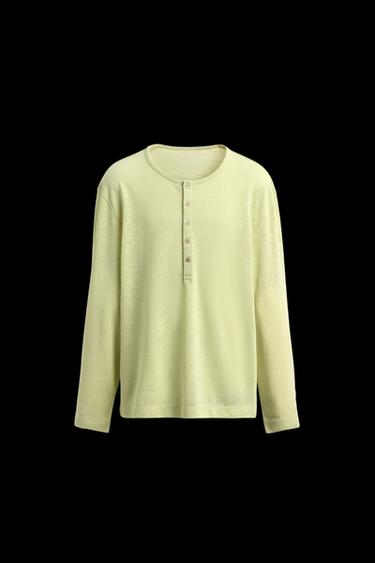 Zara LIGHTWEIGHT BUTTON NECK T-SHIRT - Washed green - Image 0
