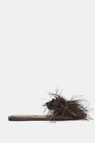FEATHER FLAT SANDALS - Chocolate Brown by Zara - Image 0