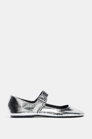 METALLIC LEATHER-EFFECT BALLERINAS - Silver by Zara