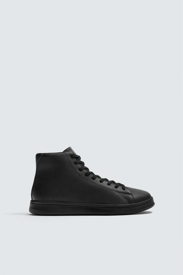 Zara LEATHER HIGH-TOP SNEAKERS - Black