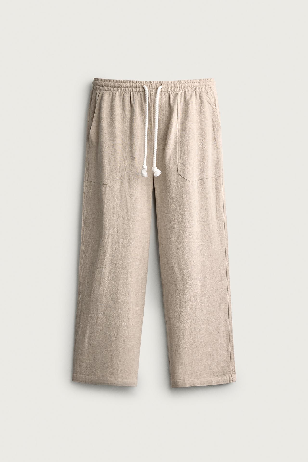 VISCOSE-LINEN RELAXED-FIT PANTS — Light beige
