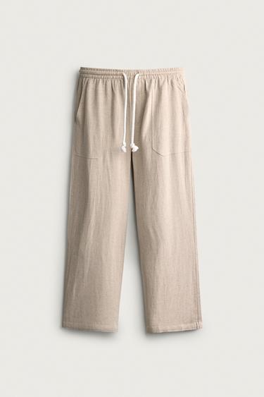 VISCOSE-LINEN RELAXED-FIT PANTS — Light beige 1