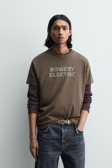 Zara RELAXED FIT WASHED TEXT T-SHIRT - Khaki