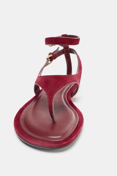 SPLIT SUEDE FLAT TOE POST SANDALS - Red by Zara - Image 3