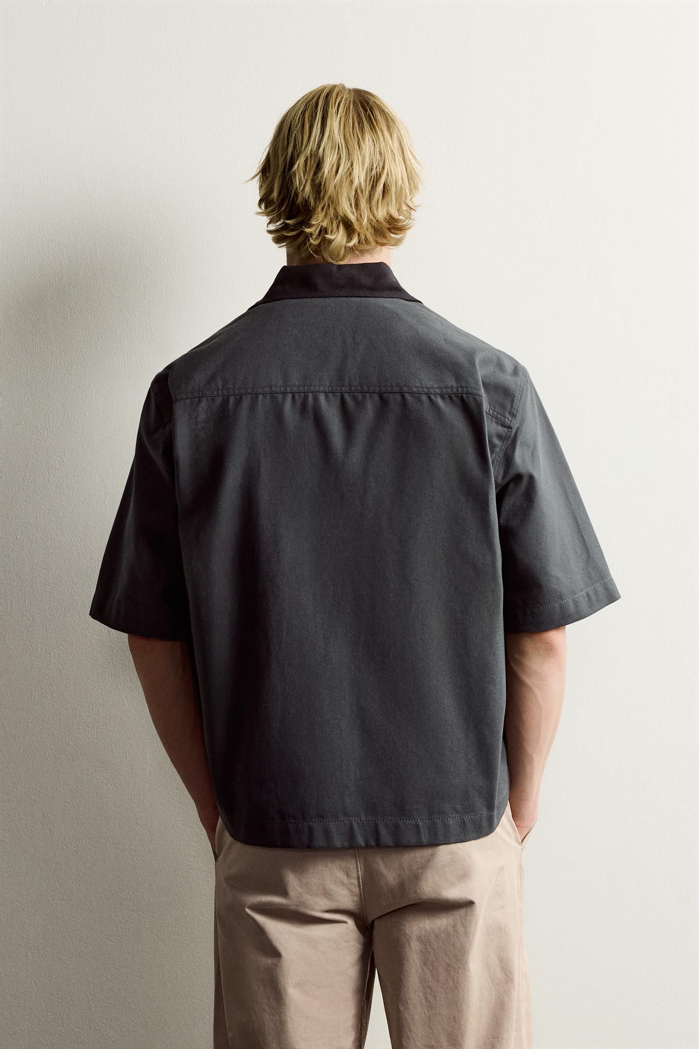Мужская рубашка Zara Contrast Collar Pocket, цвет: Антрацитовый серый — фото 3