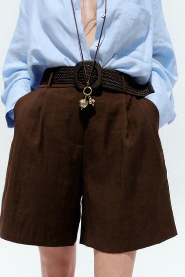 Zara PLEATED BELT SHORTS - Brown