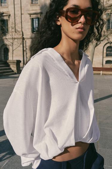 LINEN BLEND SHIRT WITH PUFF HEM - White by Zara - Image 3