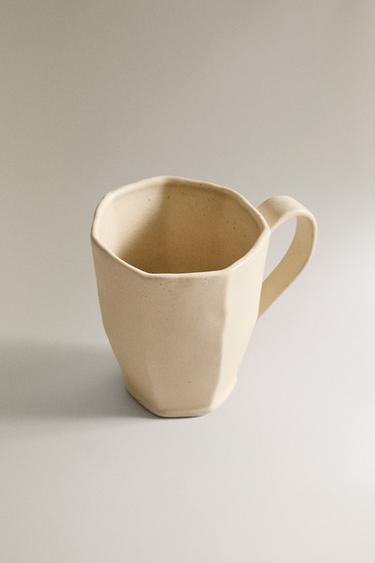 STONEWARE MUG WITH RAISED LINE BORDER DESIGN - Sand by Zara - Image 1