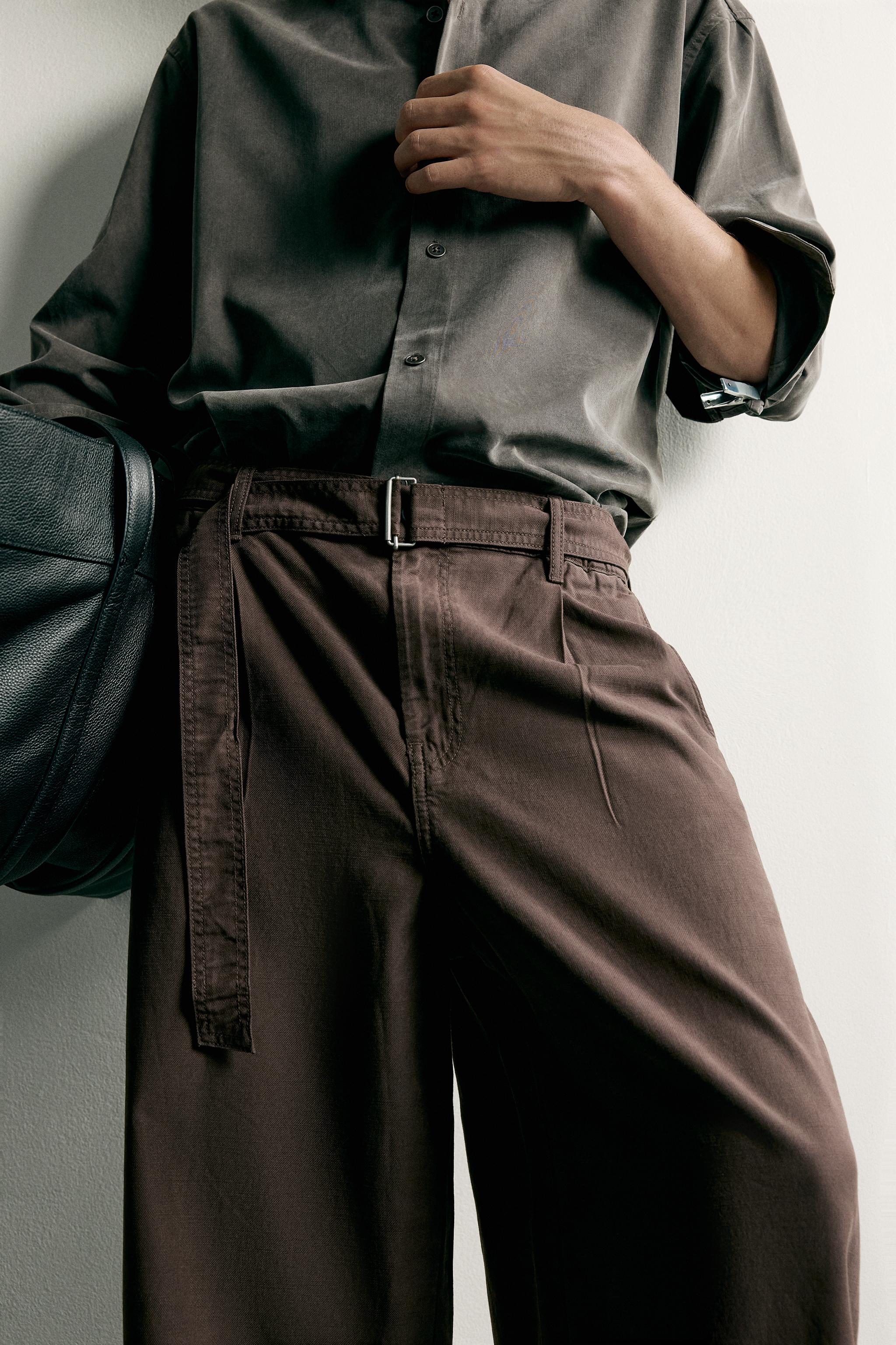 Мужские брюки Zara RELAXED FIT BELTED PLEATED PANTS — фото 5