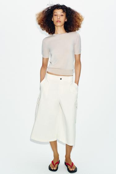 BASIC PLAIN KNIT SHORT SLEEVE TOP - Stone by Zara