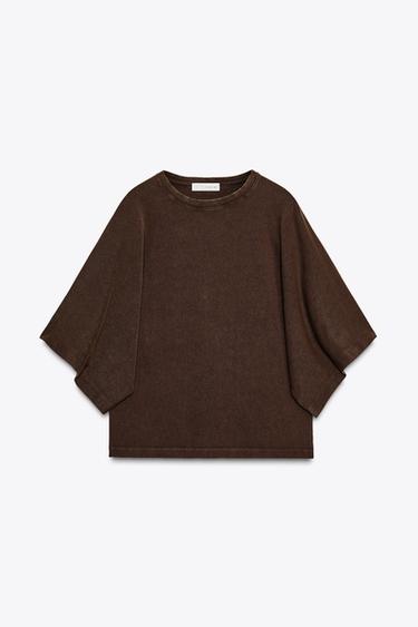 Zara WASHED CAPE SLEEVE T-SHIRT - Brown