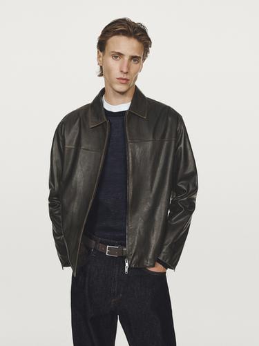 Zara Distressed effect leather jacket - Dark brown